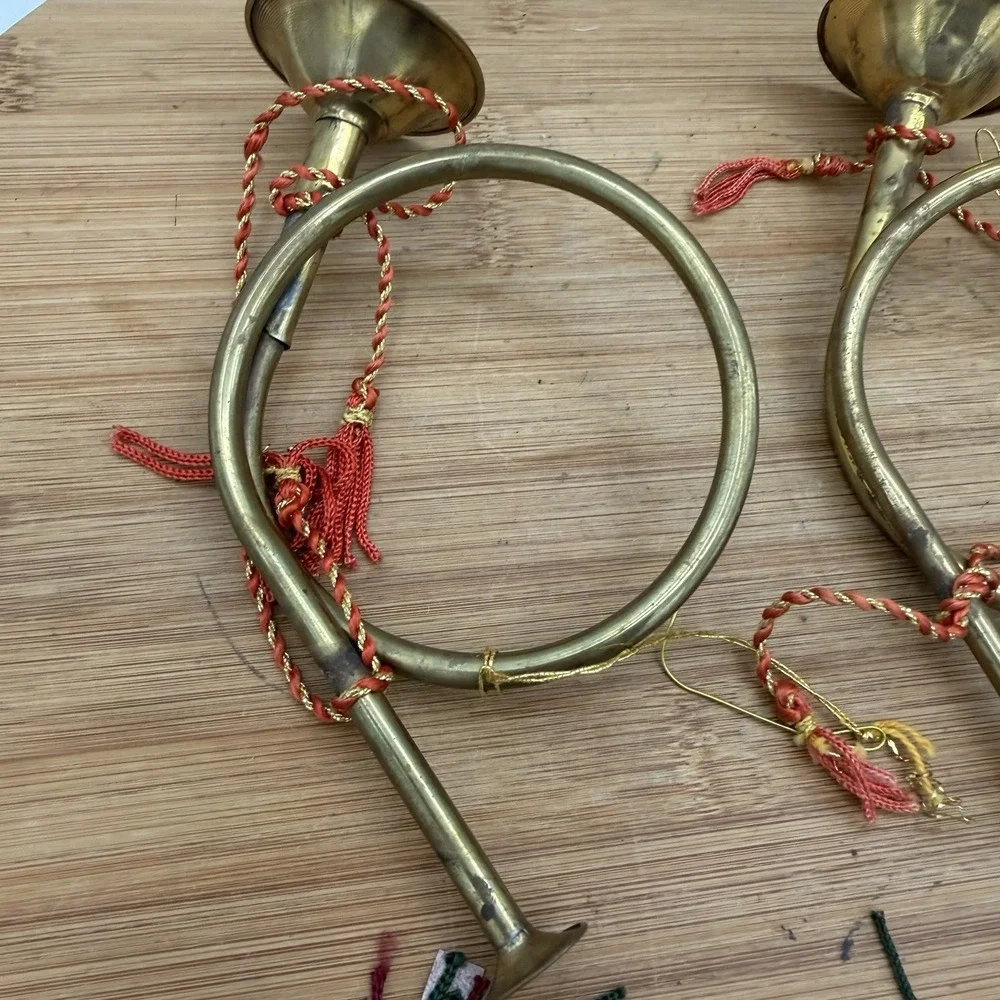 Brass French Horns Christmas Tree‎ (3) or Wreath Ornament And Brass Bells (2)